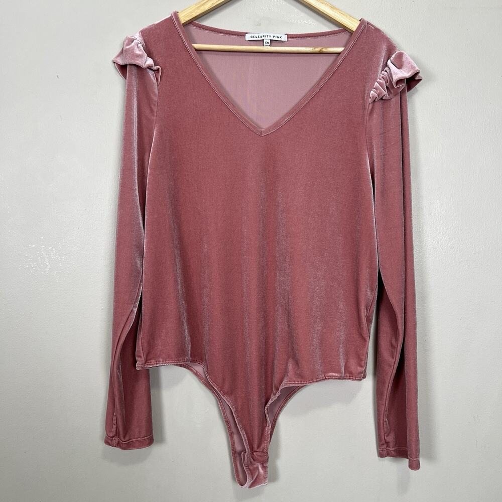 Celebrity Pink Velvet Bodysuit Women XXL Soft Glam V-Neck Ruffle Sleeve Romantic
